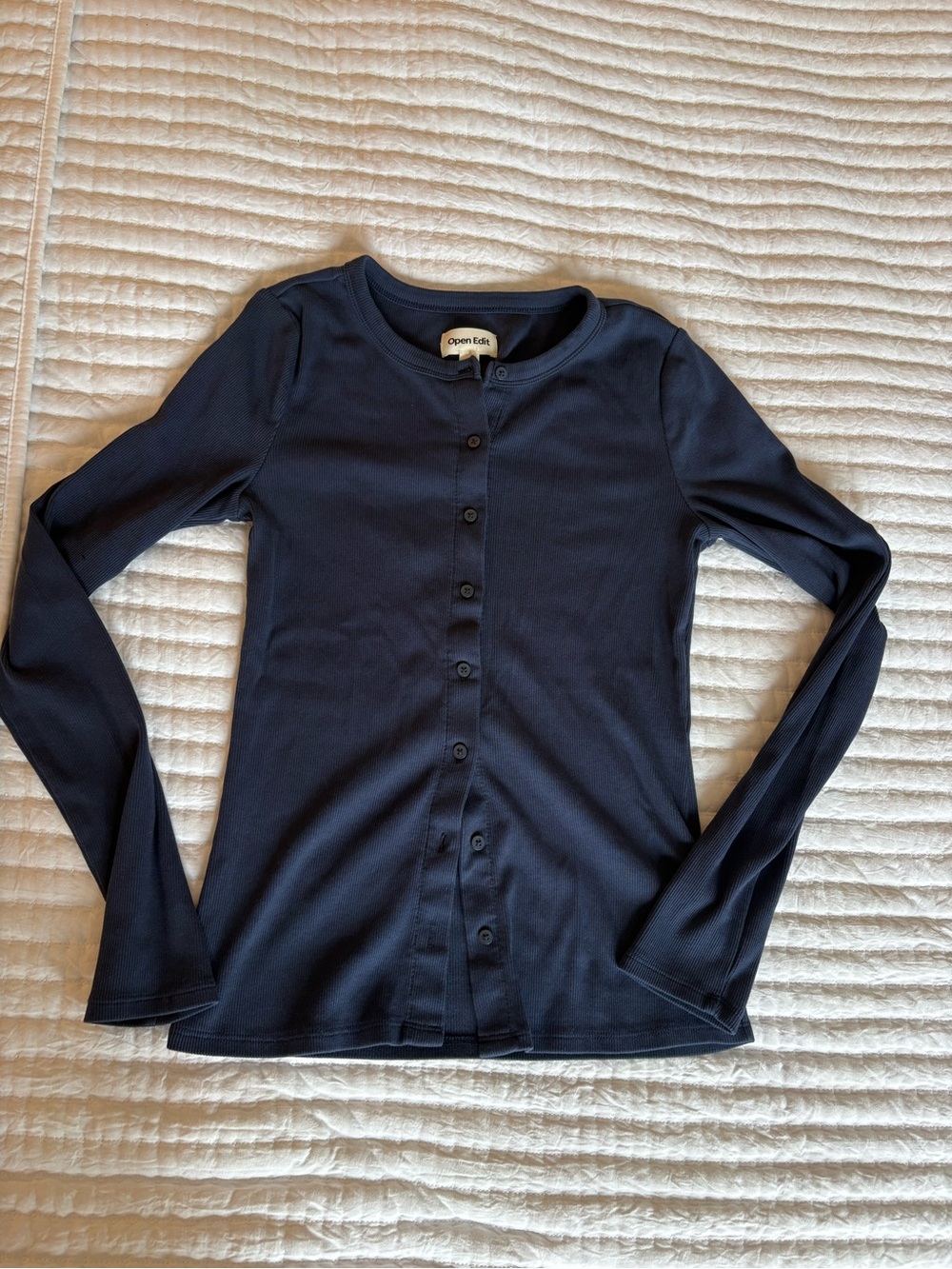 Open Edit Women's Navy Button-Down Long Sleeve Top